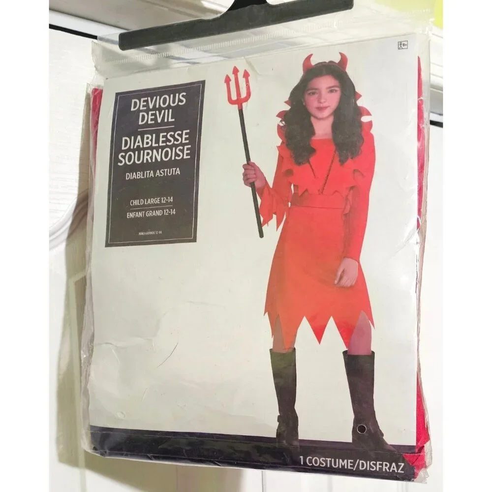 Devious Devil Costume Girls 12-14 Red Dress Horns Pitchfork Halloween Kids NEW
